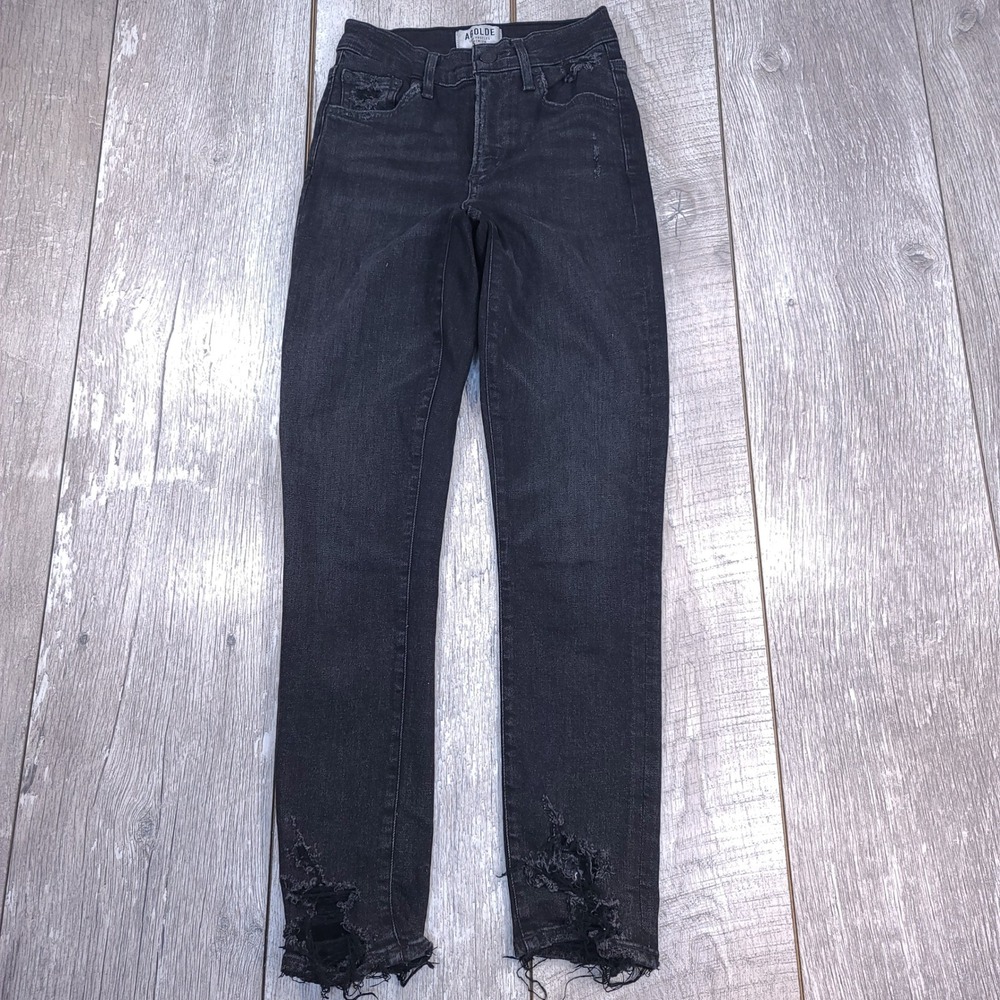 AGOLDE Skinny Jeans Womens 24 Black Distressed Raw Hem High Rise Denim